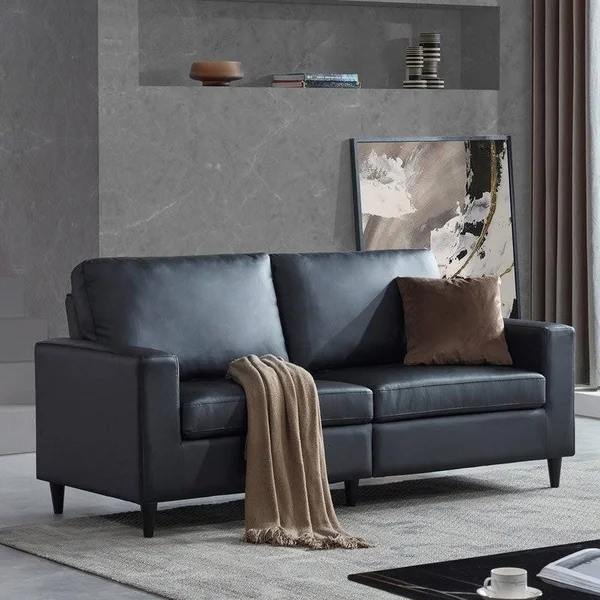 3-Seater PU Leather Couchu0026Sofa with Wood Frame and Durable Legs, Black