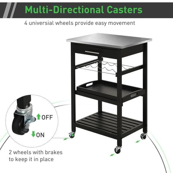 HOMCOM Kitchen Utility Cart Pine 3-Tier Multifunction Kitchen Rolling Island Cart with Open Storage Shelves Wine Rack & Stai