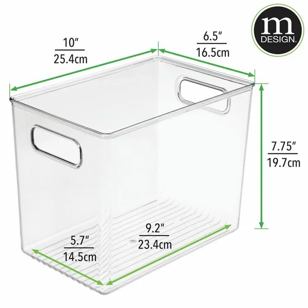 mDesign Deep Plastic Food Storage Container Bin with Handles - for Kitchen - Pantry, Cabinet, Fridge/Freezer - Slim Organizer for