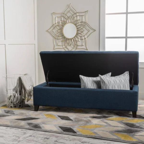 Noble House Mission Dark Blue Storage Fabric Ottoman Bench
