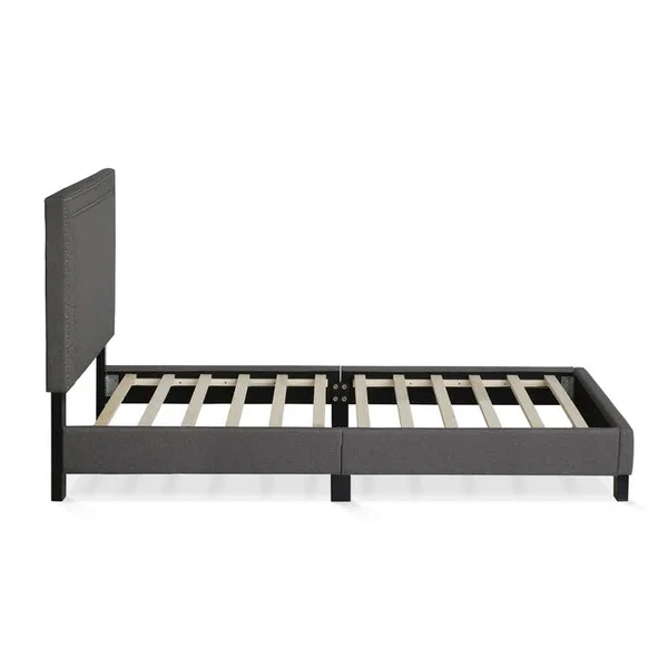 Furinno Laval Double Row Nail Head Bed Frame, 12pc Slat Style, Stone, Twin
