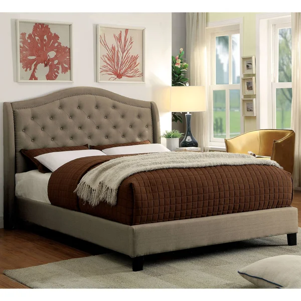 Furniture of America Wall Transitional Grey Fabric Tufted Platform Bed - King