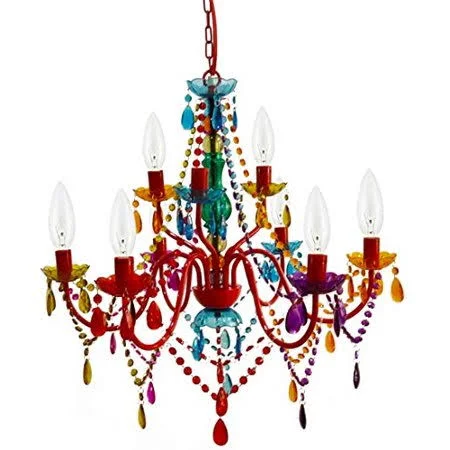 9 Light Multicolor Hardwire Flush Mount Chandelier H26xW27 - Red Metal Frame with Multicolor Glass Stem and Multicolor Acrylic Cr