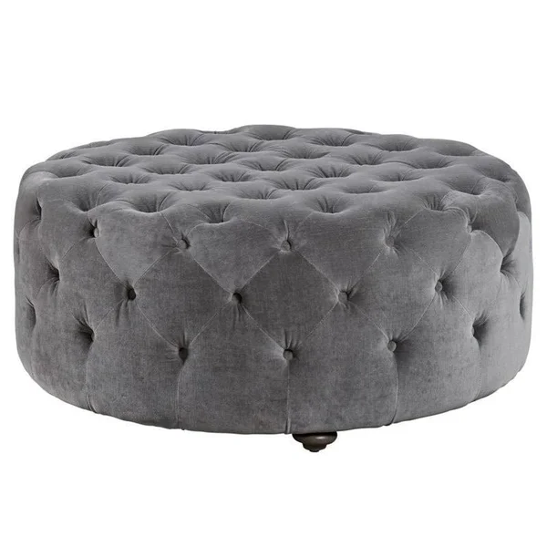 Maklaine Velvet Tufted Round Ottoman in Gray - MK-1469233
