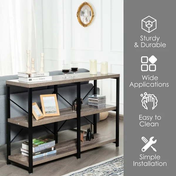 Gymax 47'' Console Table 3 Tier Industrial Sofa Table Metal Frame - 47'' x 13'' x 30'' - Brown