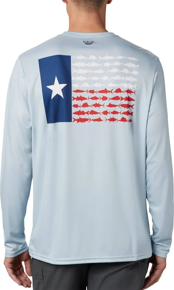 Columbia Men's Terminal Tackle PFG Fish Flag Long Sleeve, Cool Grey/TX Fish, Small