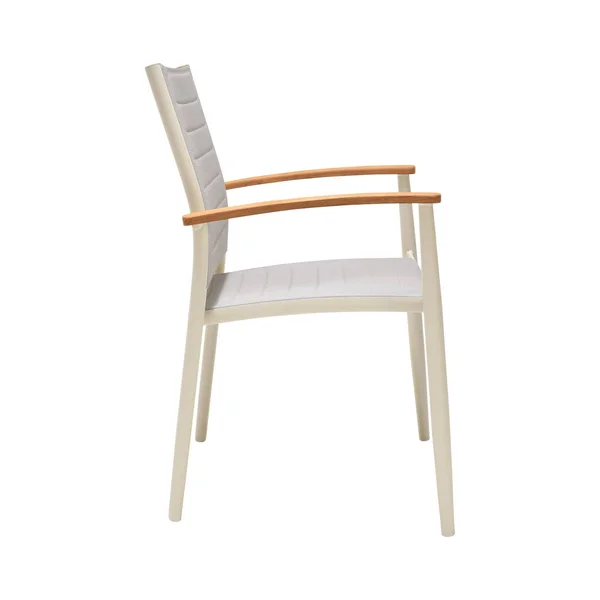 Armen Living LCPLCHNAT Portals Outdoor Coral Sand Aluminum Stacking Dining Chair with Teak Arms - Set of 2