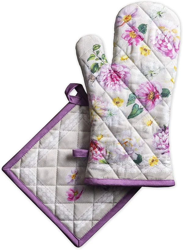 Maison d& Hermine Pivoine 100% Cotton Set of Oven Mitt (19 cm x 33 cm) and Pot Holder (20 cm x 20 cm) for BBQ, Cooking, Baking