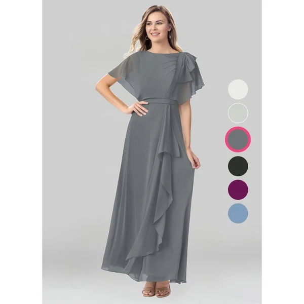 Azazie A-Line/Princess Scoop Floor-Length Chiffon Modest Bridesmaid Dresses - Steel Grey