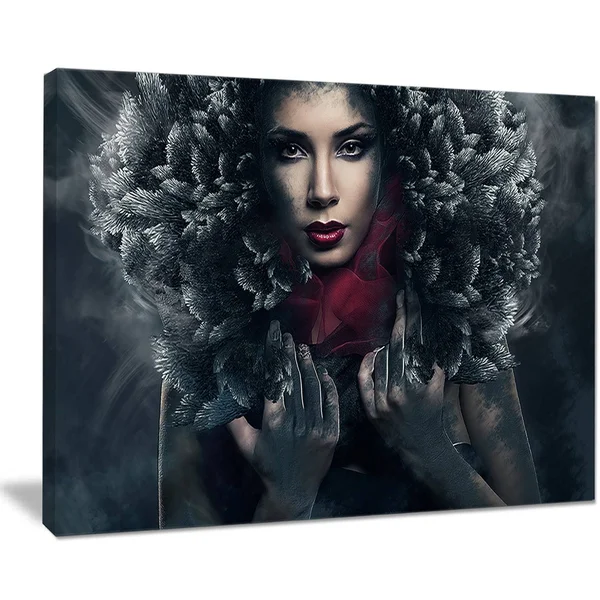 Design Art Passionate Woman in Feather Hood - Art Portrait Canvas Print, 60 x 28 5 Equal Panel