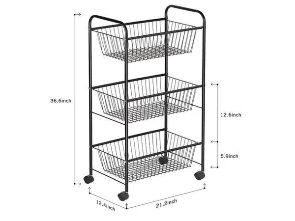 NEX 3-Tier Rolling Basket Stand, Large Size Full Metal Rolling Trolley for Kitchen & Bathroom - Three Tier Storage Cart w/Sh