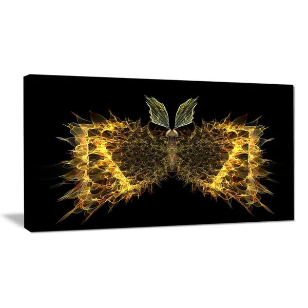 Design Art Golden Fractal Butterfly in Dark - Large Abstract Art Canvas Print - Yellow, 60 in. Wide x 28 in. High - 5 Equal Pane
