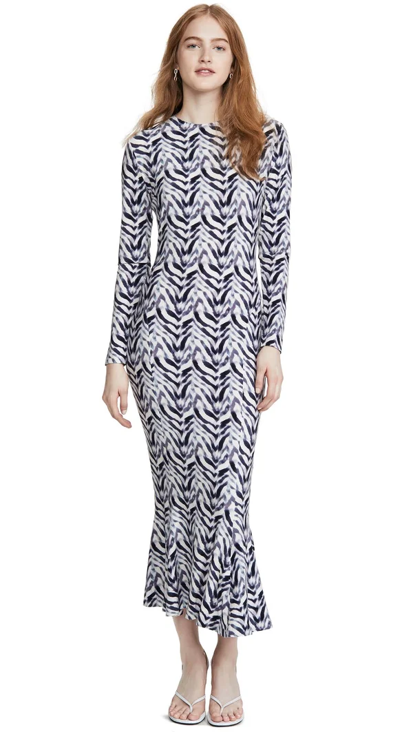 Norma Kamali Long Sleeve Fishtail Dress Chevron Zebra Xs