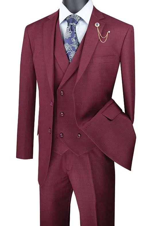 Vinci Men's Burgundy Regular Fit Glen Plaid 2 Button 3 Piece Suit 60 Regular - 56 Waist - Burgundy
