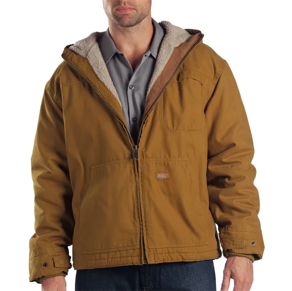 Dickies Men's Sanded Duck Sherpa Lined Hooded Jacket, Brown Duck