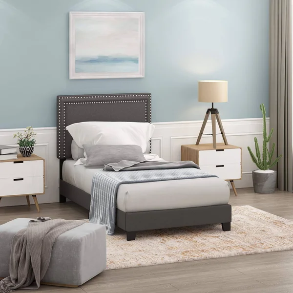 Furinno Laval Double Row Nail Head Bed Frame, 12pc Slat Style, Stone, Twin