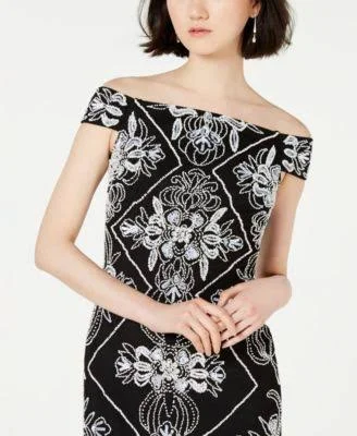 Adrianna Papell Womens Beaded Off-The-Shoulder Party Dress, Black White