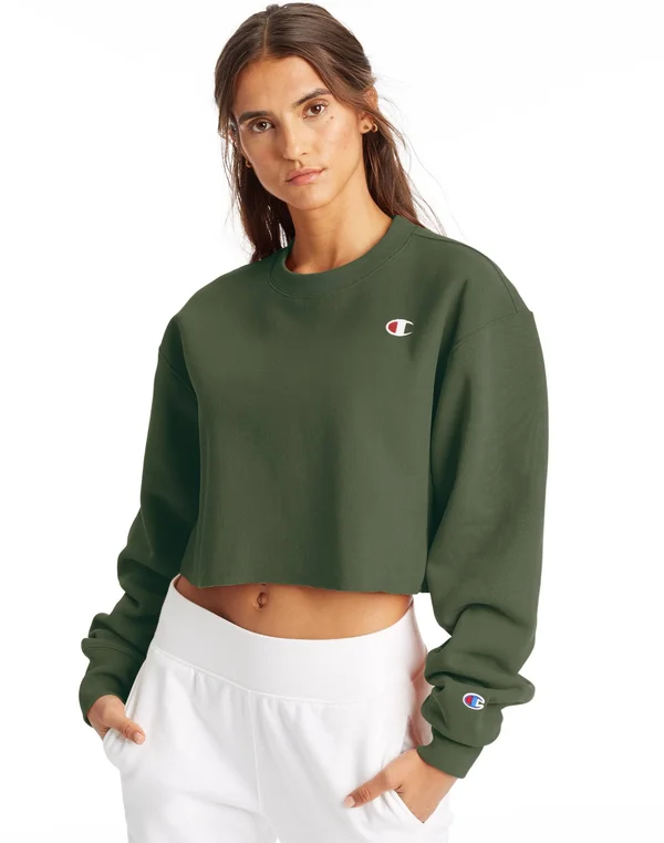 Champion Women's Reverse-Weave Cropped Cut-Off Hoodie - Green, XL