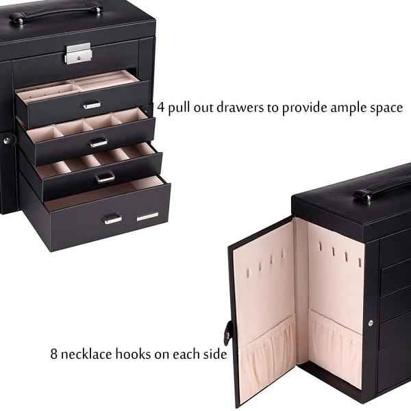 Homde Synthetic Leather Huge Jewelry Box Mirrored Watch Organizer Necklace Ring Earring Storage Lockable Gift Case (Black)