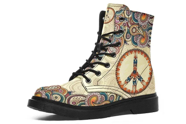 Tan Peace Mandala Boots, Peace Sign Boots, YesWeVibe Women's Boots, Black Sole, US 9, EU40.5