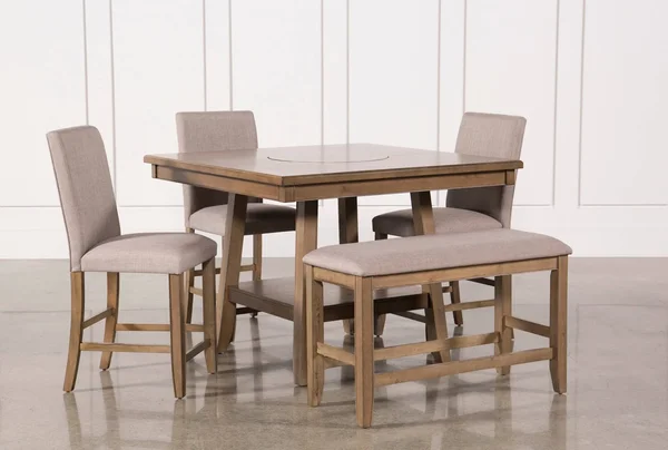 Counter Set - 5 Piece Counter Height Dining Table Set with Bench Casual, Hyland - Grey - Wood - 48x22W x 48x22D x 35.5x22H at Li