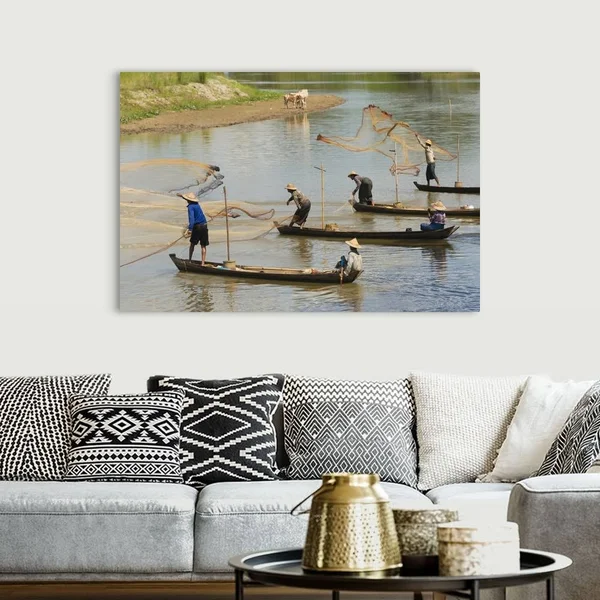 Fishermen Fishing on The River, Myanmar, Canvas Wall Art, 60x40, Great Big Canvas