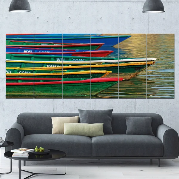 Design Art 'Color Boats on Phewa Lake Nepal' 6 Piece Photographic Print Set on Canvas - Green