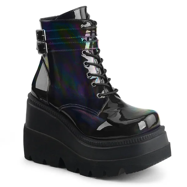 SHAKER-52 - 4 1/2x22 Wedge Platform Lace-Up Ankle Boot Black Pat-UV Neon Pink, Size 5