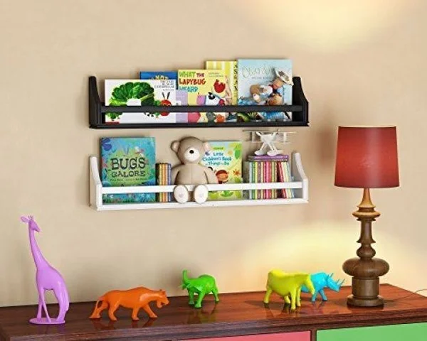 Brightmaison 1 White Molding Design Children's Wall Shelf Birch Wood 30 inch Multi-Use Bookcase Toy Game Storage Display Organiz