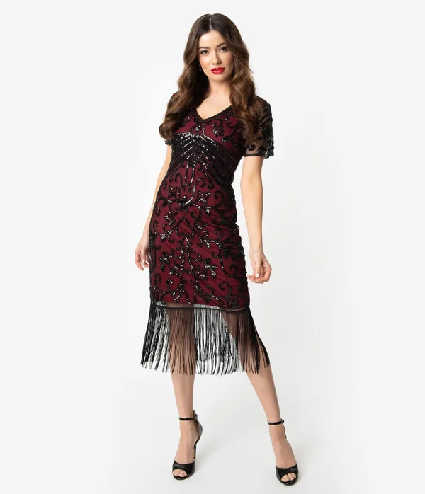 Unique Vintage Burgundy Red & Black Beaded Sleeved Troyes Cocktail Flapper Dress, Size L/10-12