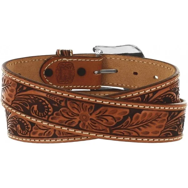 38in. Tony Lama Floral Hand Tooled Western Leather Men Belt Tan