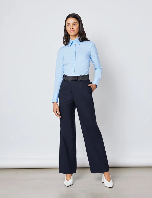 Hawes & Curtis Women's Fitted Shirt with High Long Collar in Ice Blue, Size 14, Single Cuff