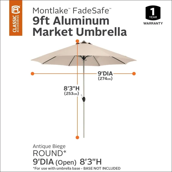 Classic Accessories Montlake FadeSafe 9& Round Aluminum Patio Umbrella - Antique Beige
