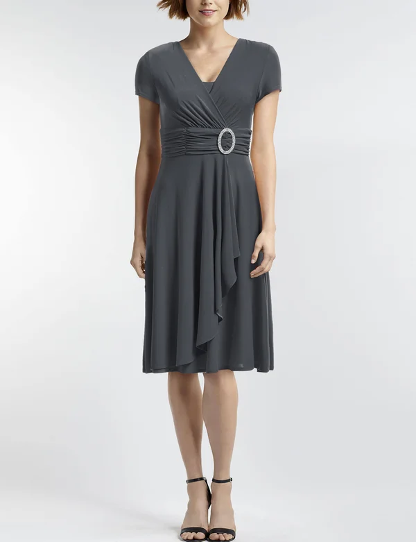 R & M Richards Short-Sleeve Faux-Wrap Dress - 12 - Charcoal