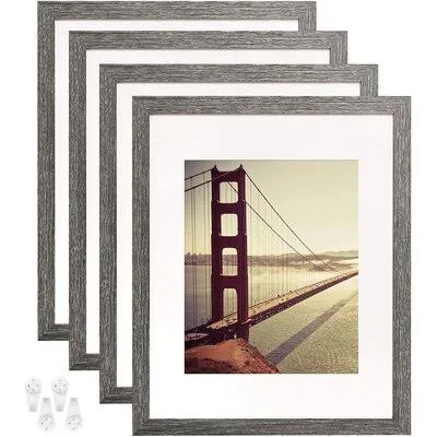 11x14 Picture Frame Distressed Farmhouse Wood Pattern Set of 4 with Tempered Glass, Display Pictures 8x10 with Mat or 11x14 Witho