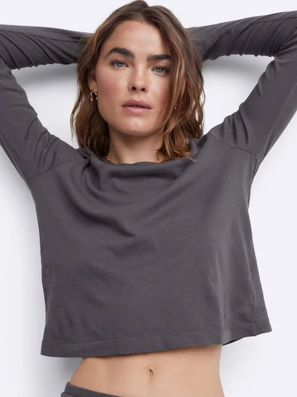 Organic Cotton Long Sleeve Crop Tee Charcoal, M