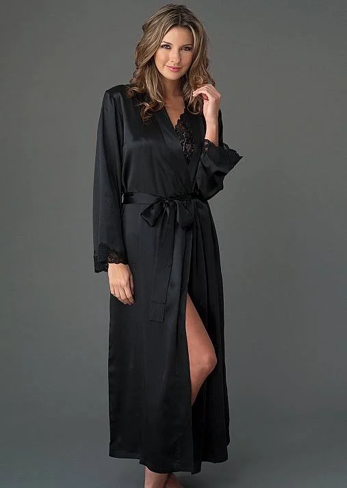 Julianna Rae - Indulgence Silk Robe, Ink, XXL, Luxury Long Silk Robe for Women, Calais Lace Cuffs, Side Pockets, Julianna Rae