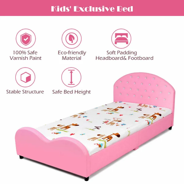 Kids Children PU Upholstered Platform Wooden Princess Bed
