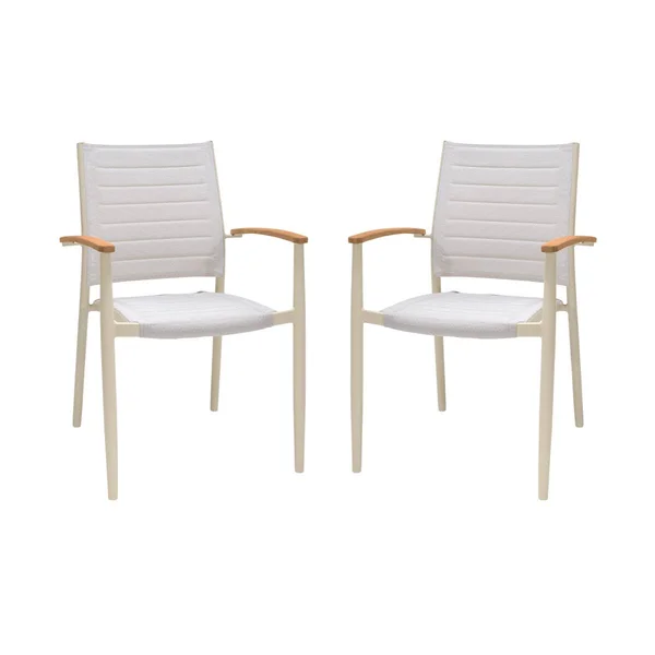 Armen Living LCPLCHNAT Portals Outdoor Coral Sand Aluminum Stacking Dining Chair with Teak Arms - Set of 2