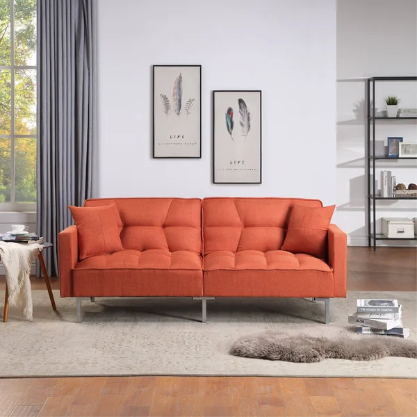 Orange Modern Upholstered Linen Convertible Folding Futon Sofa Bed - Brown