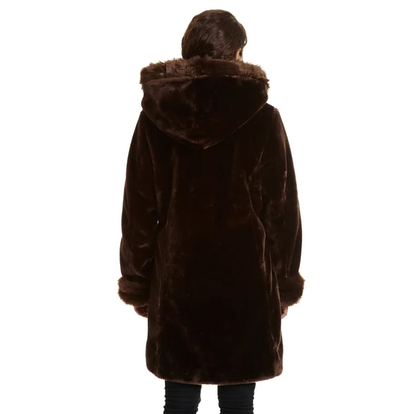Excelled Women's Faux Fur Hooded 3/4 Length Coat (Black - Small)