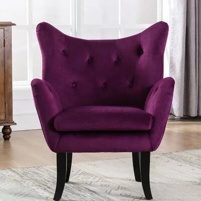 Velvet Wingback Accent Chair Armchair Modern Tufted Button Vanity Chair with Wooden Legs for Living Room Bedroom - Purple Rosdorf