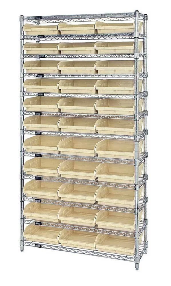 WR12-109 - Wire Shelving Unit with 33 Plastic Bins, Ivory