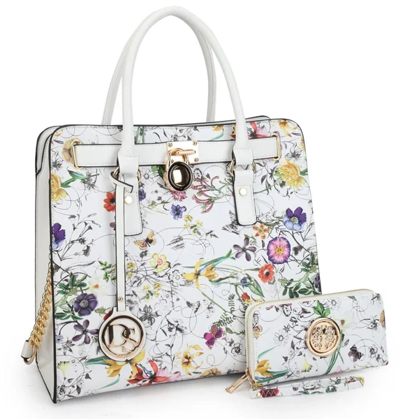 Dasein Large Flower Print Satchel with Matching Wallet White - Women's