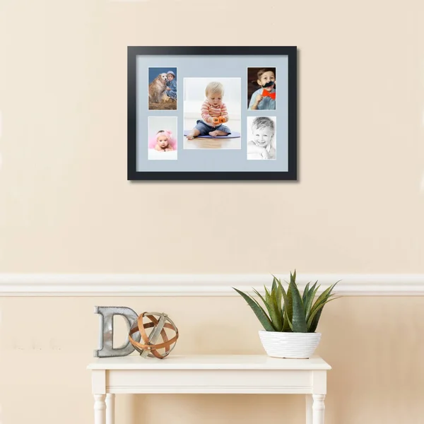 Collage Picture Frame - Satin Black Frame with 5 openings for 8x10 Photos with Baby Blue Mat. D3926FT1325, ArtToFrames