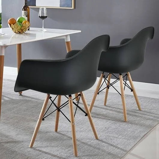 Set of 2 Mid Century Modern Molded Dining Arm Side Chair-Black - Black