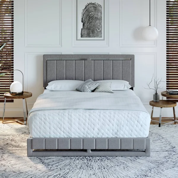 King Sloan Vertical Stitched Upholstered Platform Bed Gray Linen - Eco Dream