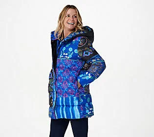 Attitudes by Renee Printed Artisan Pufferjacket W Hood, Size X-Small, Navy Multi
