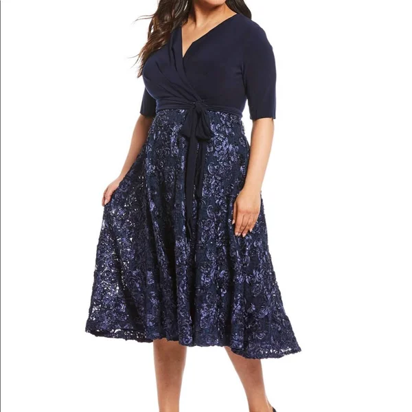 Alex Evenings Women's Rosette Tea-Length Dress, Blue 16