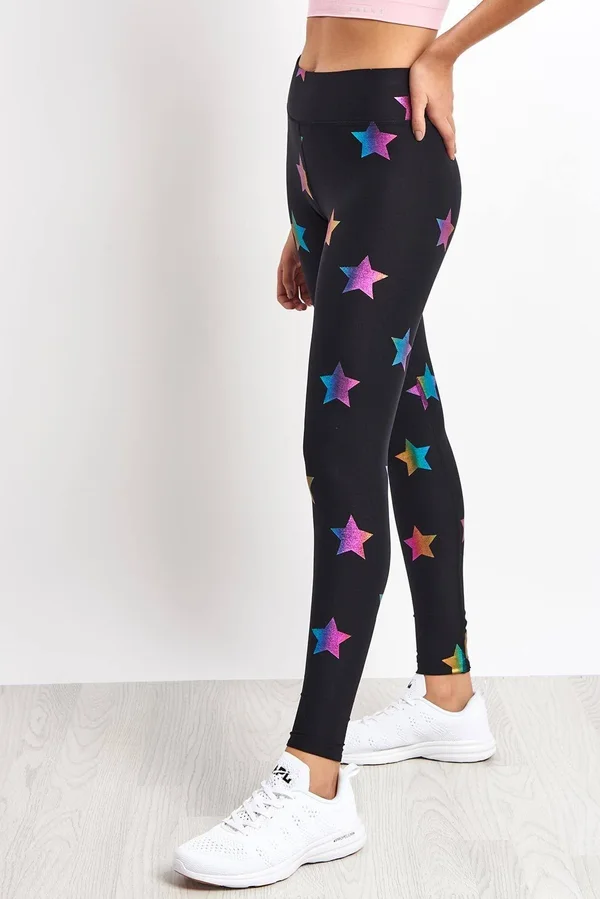 Terez Rainbow Star Foil Printed Tall Band Leggings, Women's, Large, Activewear Athletic Workout Leggings